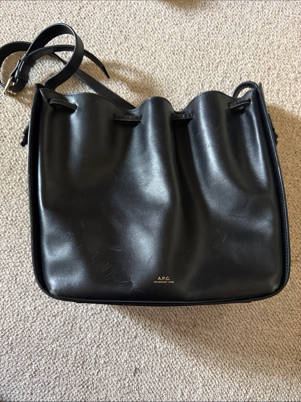 A.P.C. Black Leather Drawstring Shoulder Bag